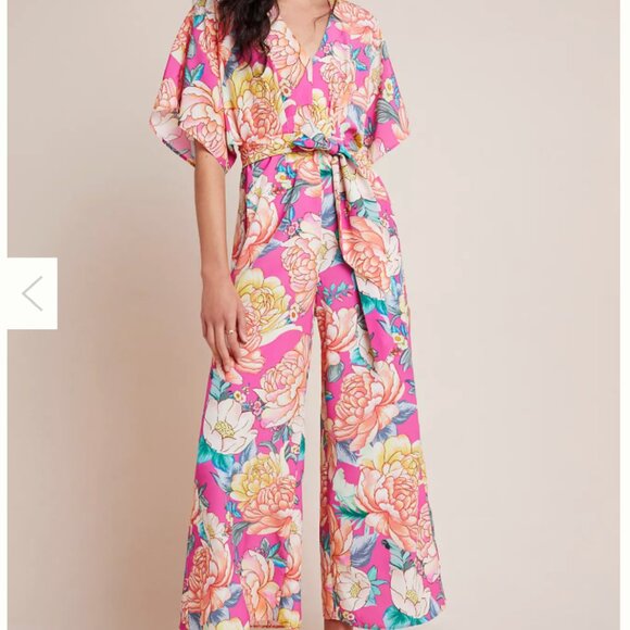 FARM Rio Pants - FARM Rio Pink Floral Wide-Leg Jumpsuit